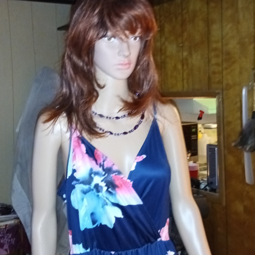 Blue and Pink Floral Sleeveless Backless V-Neck Gown (L)